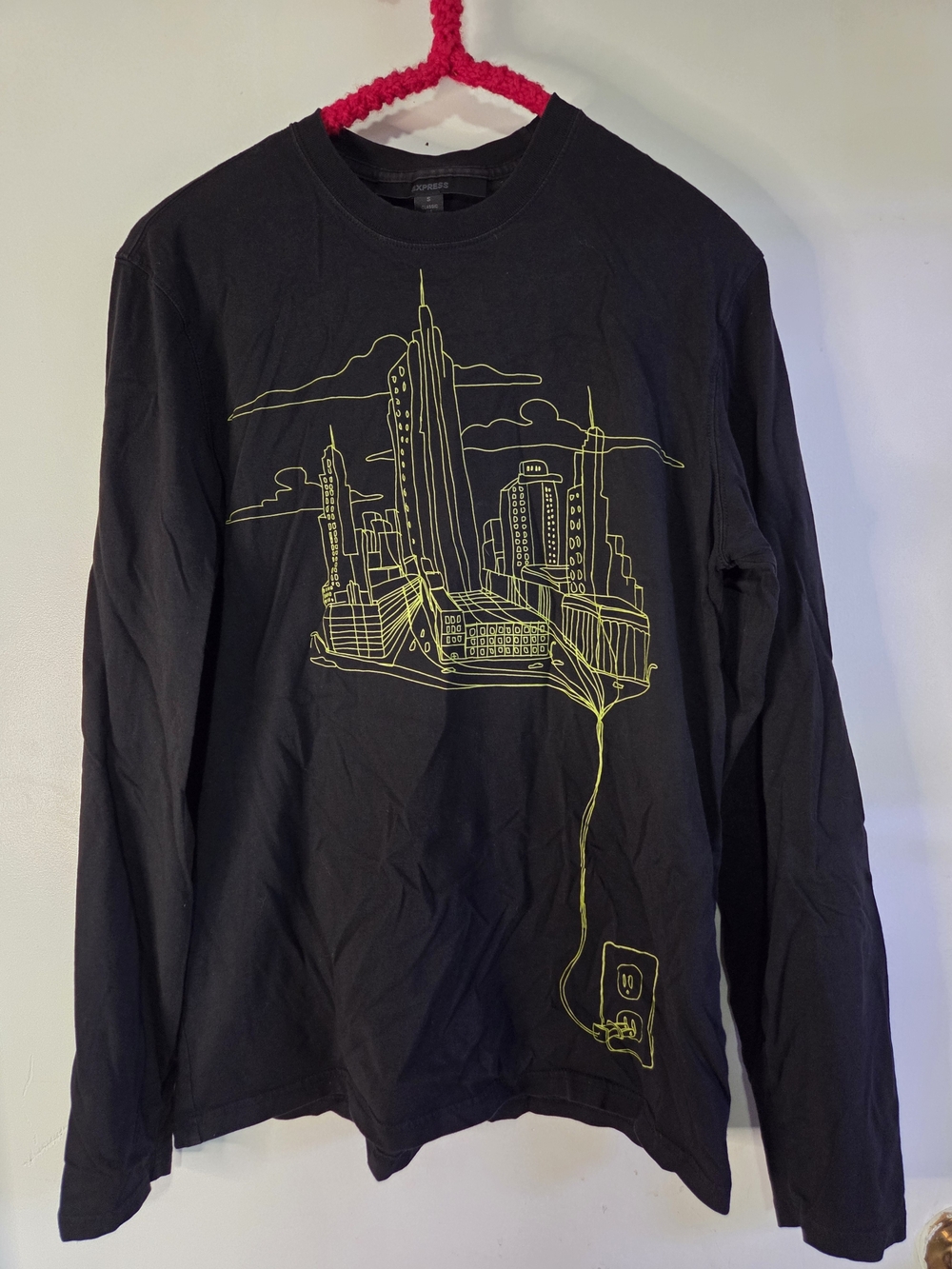 Express Black Long-Sleeve Tee with Neon Yellow City Graphic